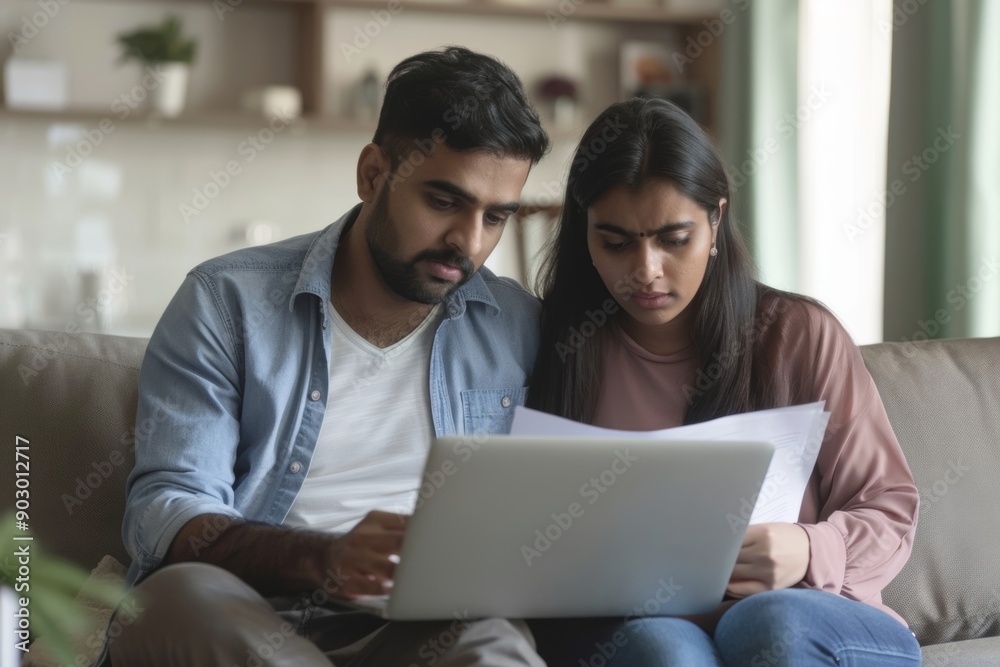 Serious indian couple paying bills online, sitting on couch, using laptop, concentrated husband and wife checking papers and banking on Internet, copy, Generative AI Serious indian couple paying bills online, sitting on couch, using laptop, concentrated husband and wife checking papers and banking on Internet, copy, Generative AI
