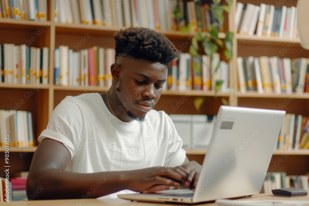 Positive Black male student reading book in university library sitting at desk with laptop, searching information for project, Generative AI Positive Black male student reading book in university library sitting at desk with laptop, searching information for project, Generative AI
