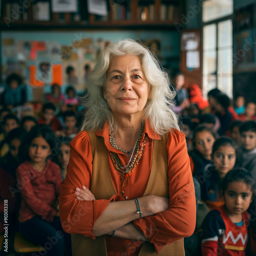 Wallpaper Mural Dedicated Educator Leading Engaged Classroom of Diverse Children in Learning Environment.  Torontodigital.ca