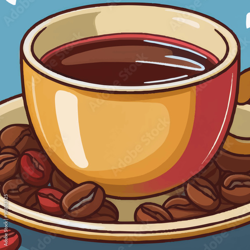 Taza de café, con granos de café tostado y fondo azul