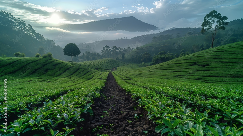 Farmers apply mulch in tea fields, enhancing moisture conservation while the sun rises over the lush landscape. Farmers apply mulch in tea fields, enhancing moisture conservation while the sun rises over the lush landscape.