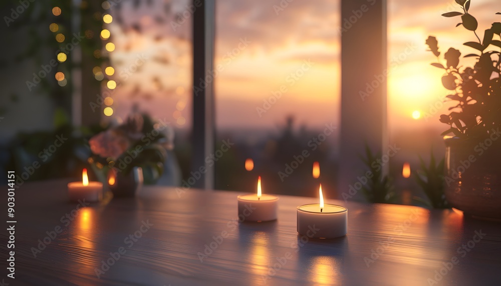Close up of candles on table in bedroom with window view, 3d rendering. alone and comfortable atmosphere concept for home interior design at sunset time. Close up of candles on table in bedroom with window view, 3d rendering. alone and comfortable atmosphere concept for home interior design at sunset time.