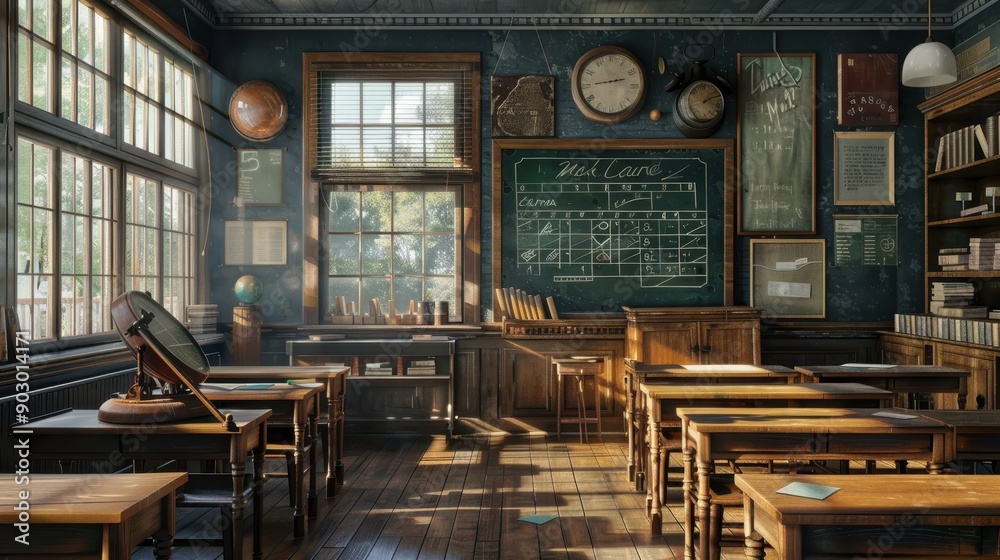 A classic classroom scene with wooden desks, a traditional chalkboard, and educational charts, evoking a sense of nostalgia and learning A classic classroom scene with wooden desks, a traditional chalkboard, and educational charts, evoking a sense of nostalgia and learning