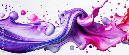 Abstract colorful painting with fluid shapes of purple and pink tones blending together on a white background.