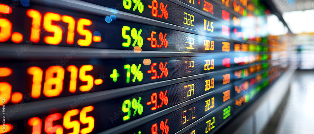 Close-up of a digital stock market ticker showing various stocks, prices, and percentages in a financial trading environment. Close-up of a digital stock market ticker showing various stocks, prices, and percentages in a financial trading environment.