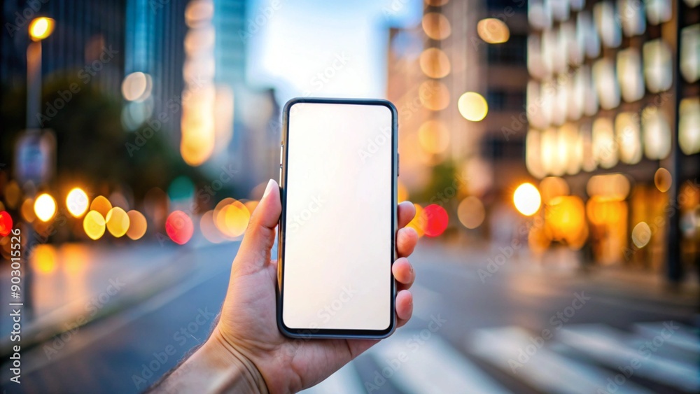 Hand holding smartphone with blank screen in city at night. Stock ...