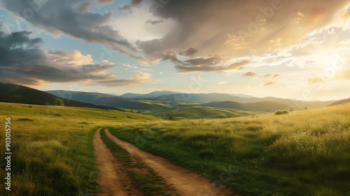 Beautiful summer mountain rural landscape Panorama of summer green field with dirt road and Sunset cloudy sky : Generative AI
