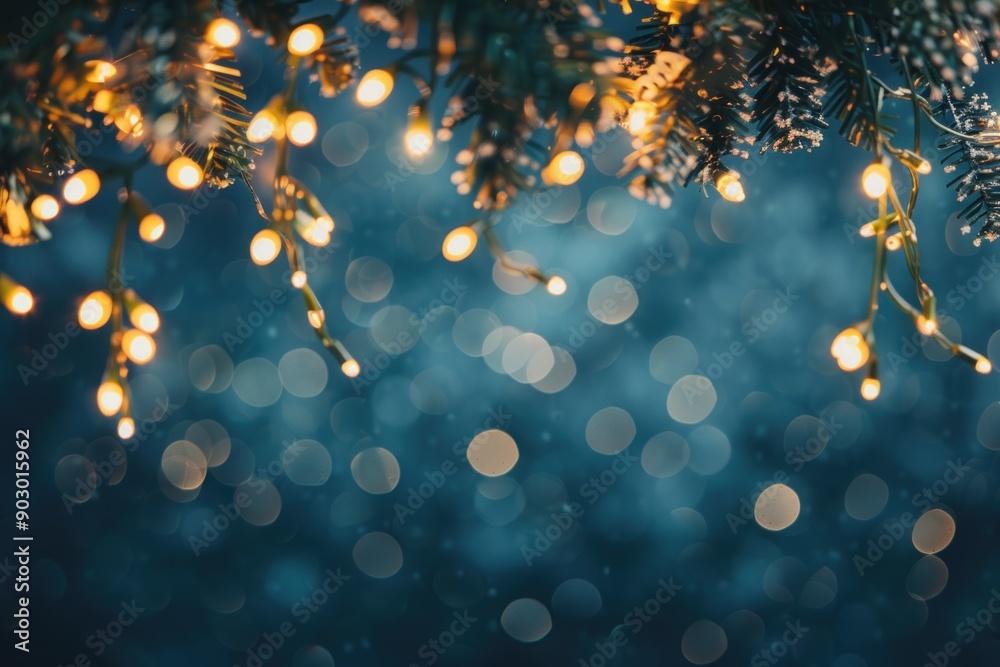 holiday illumination and decoration concept - christmas garland bokeh lights over dark blue background holiday illumination and decoration concept - christmas garland bokeh lights over dark blue background