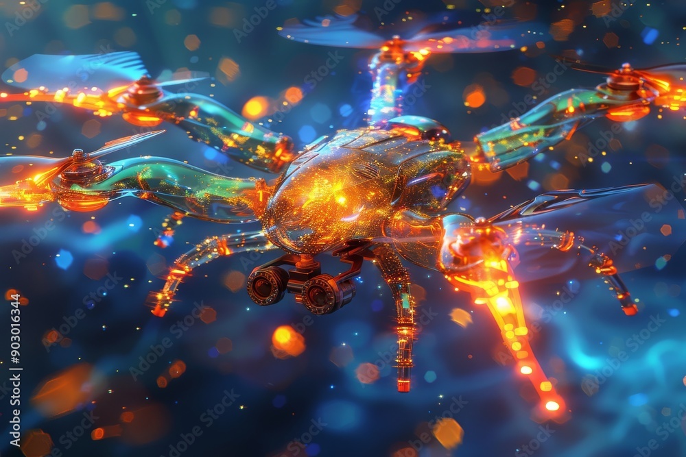 Obraz premium Futuristic crab like drone with glowing blue and orange components showcasing advanced technology and innovative design in a sci fi setting.