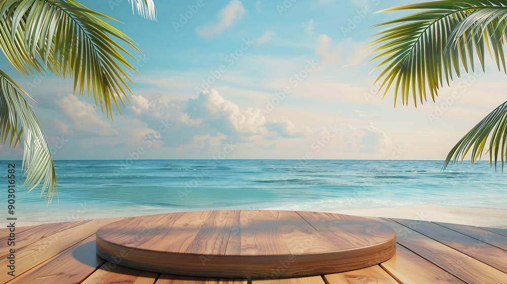 Fototapeta premium Summer product display on wooden podium at sea tropical beach : Generative AI