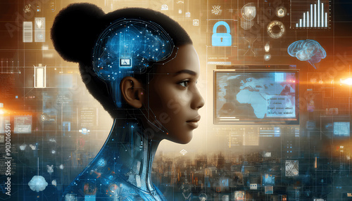 AI cyber security threat illustration, black african american female IT specialist analysing data information technology, augmented reality artificial intelegent

