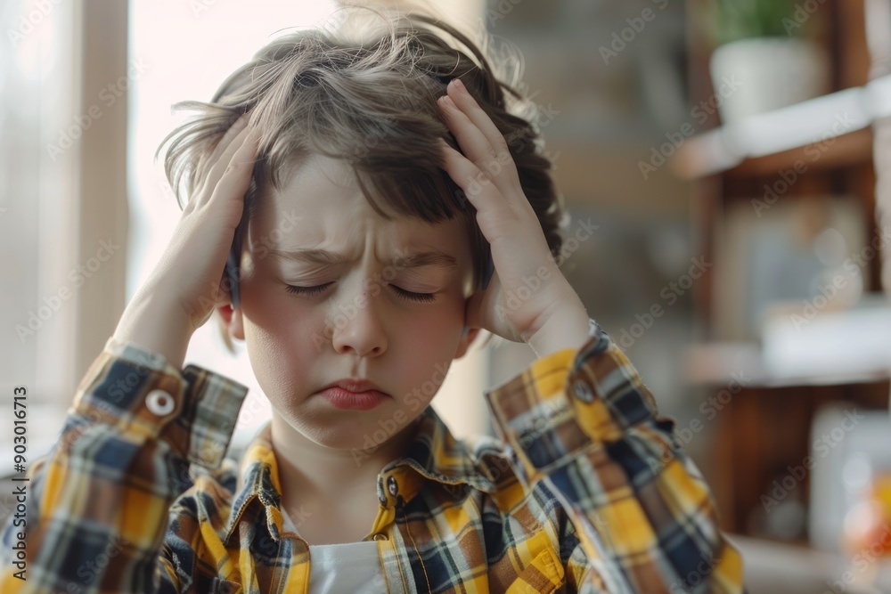 Kid suffering from migraine. Child having a headache and holding head in pain Kid suffering from migraine. Child having a headache and holding head in pain