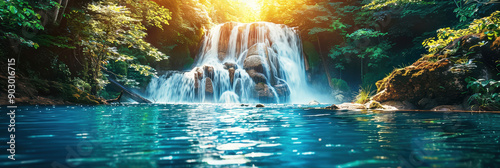 Stunning waterfall cascading into a tranquil blue lagoon surrounded by lush green forest, bathed in golden sunlight.