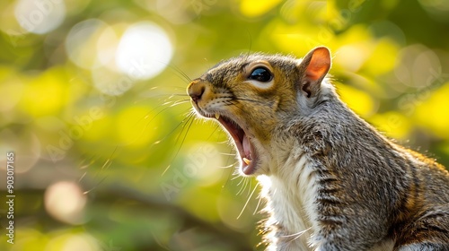 Close up of a grey squirrel yawning : Generative AI