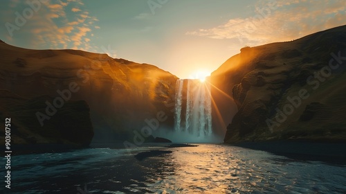 Dramatic summer sunrise on Skogafoss Waterfall Fabulous morning landscape of Skoga river Gorgeous outdoor scene of Iceland Europe Beauty of nature concept background : Generative AI photo