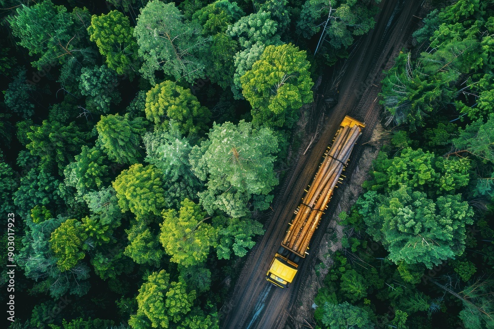Logging Truck Transporting Harvested Trees In A Dense Partially Cut