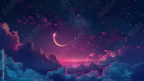 Crescent moon shining over sea of clouds fantasy landscape © Viktoriia