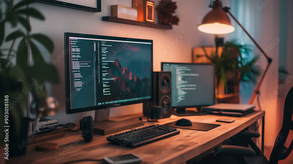 a clean, minimalistic office setup with dual monitors, soft lighting a clean, minimalistic office setup with dual monitors, soft lighting