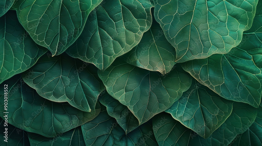 A close-up of detailed green leaves with intricate vein patterns and soft lighting, adding a natural and calming touch A close-up of detailed green leaves with intricate vein patterns and soft lighting, adding a natural and calming touch