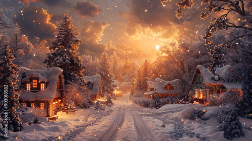 snowy street with sunset houses in the evening on Christmas	