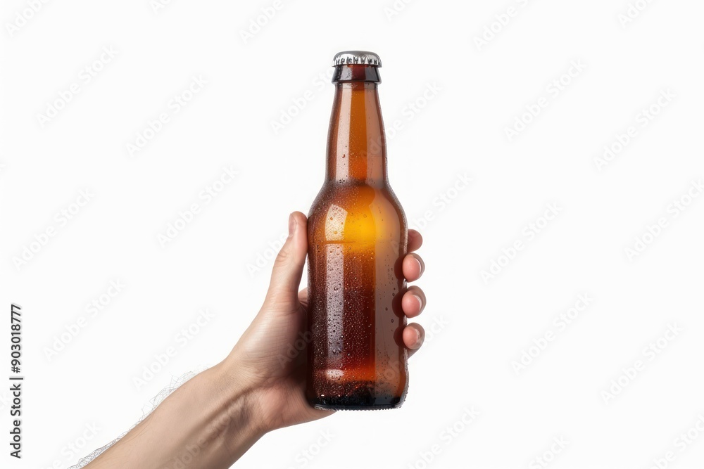 Male hand hold beer bottle label isolated in white background Male hand hold beer bottle label isolated in white background