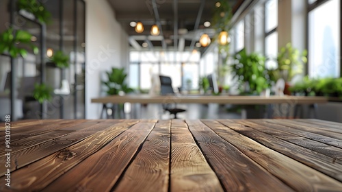 Modern Office Space with Wooden Table and Lush Greenery © Valentin