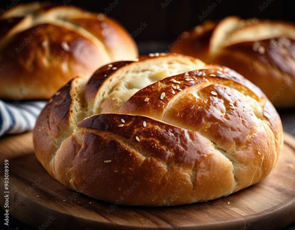 Beautifully crafted round loaf of bread emerges from oven, its golden crust glistening with sesame seeds. Warm inviting bread sits on wooden board, radiating comforting aroma that fills rustic kitchen Beautifully crafted round loaf of bread emerges from oven, its golden crust glistening with sesame seeds. Warm inviting bread sits on wooden board, radiating comforting aroma that fills rustic kitchen