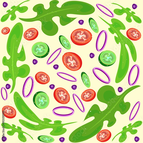 pattern fresh vegetables salad tomatoes cucumbers olives onions pepper salt\\\seamless endless pattern greek salad. Vegetables in chaotic order. Background for kitchen textiles, paper napkins, vegan m