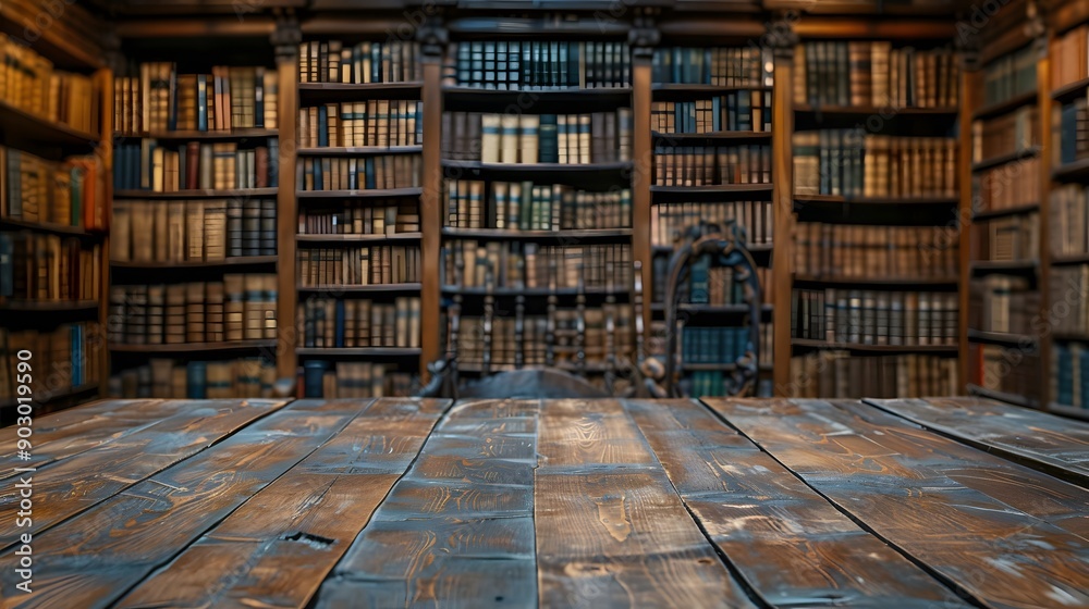 A Cozy Library Setting with Wooden Table and Bookshelves A Cozy Library Setting with Wooden Table and Bookshelves