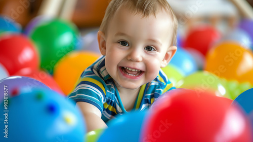 Smiling toddler boy playing in a ball pit. ..