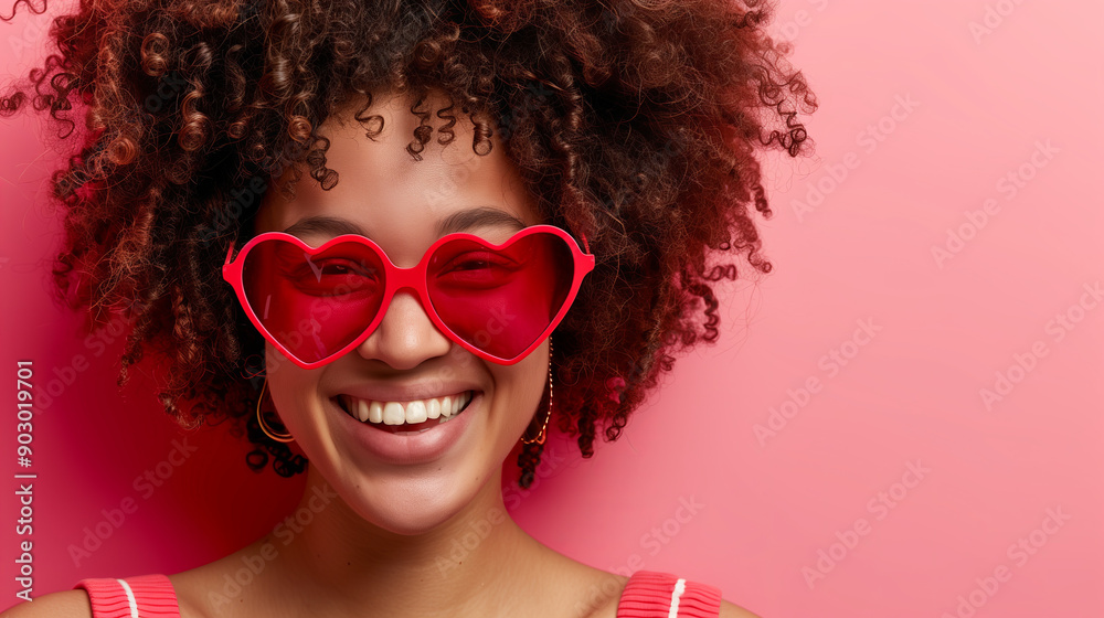 Happy woman with curly hair wearing red heart-shaped sunglasses...