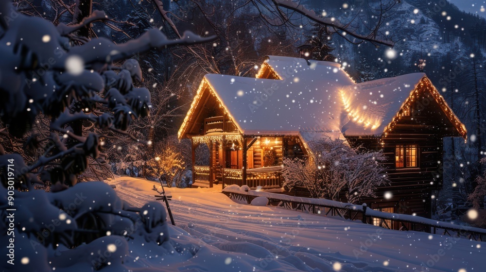 A cozy, snow-covered cabin scene with twinkling lights and a warm atmosphere, perfect for a festive winter background A cozy, snow-covered cabin scene with twinkling lights and a warm atmosphere, perfect for a festive winter background