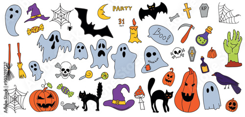 Vector set of cliparts for Halloween hand-drawn doodles and engravings. A funny, cute illustration for seasonal design, textiles, decoration of a children's playroom or a greeting card. Vector illustr