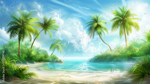 Tropical beach scene with lush palm trees and white sand. ..