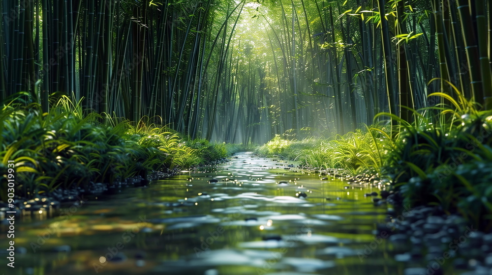 Fototapeta premium Tranquil Paths through Bamboo Groves with a gentle stream running alongside