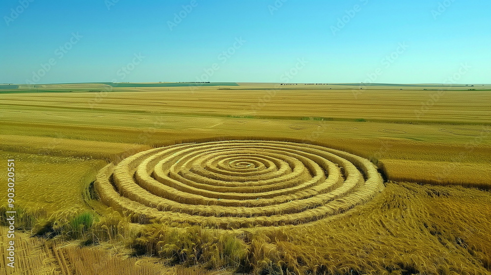 Soothing Aerial Views of Crop Circles depicting celestial symbols under a clear blue sky Soothing Aerial Views of Crop Circles depicting celestial symbols under a clear blue sky