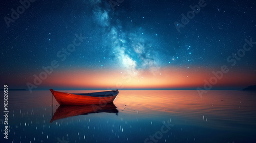 Solitary Boat on a Silent Sea under a sky filled with stars