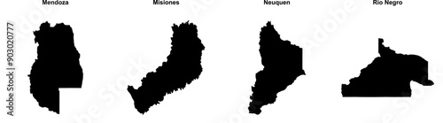 Mendoza, Misiones, Neuquen, Rio Negro outline maps