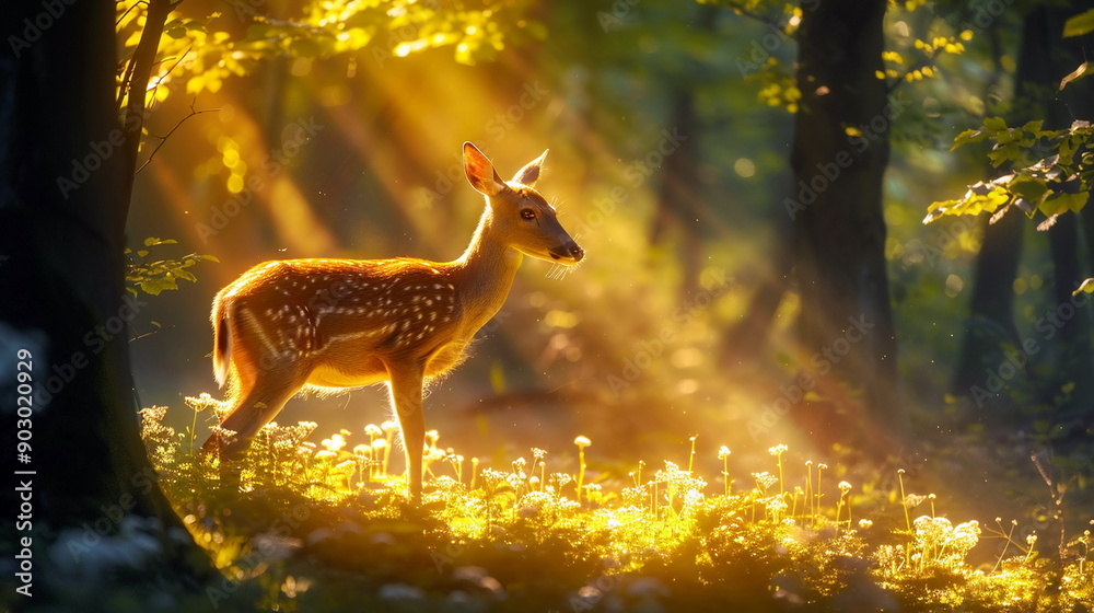 Warm Sunrays Peeking Through Trees with a deer grazing quietly in the underbrush Warm Sunrays Peeking Through Trees with a deer grazing quietly in the underbrush