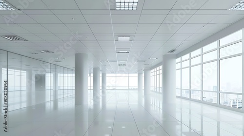 Interior of modern empty office buildingOpen white ceiling designCool tone   Generative AI