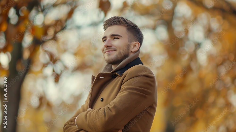 Happy autumn day A handsome young man in a brown coat stands in an autumn park and smiles peacefully Autumn fashion People and lifestyle Copy space : Generative AI Happy autumn day A handsome young man in a brown coat stands in an autumn park and smiles peacefully Autumn fashion People and lifestyle Copy space : Generative AI