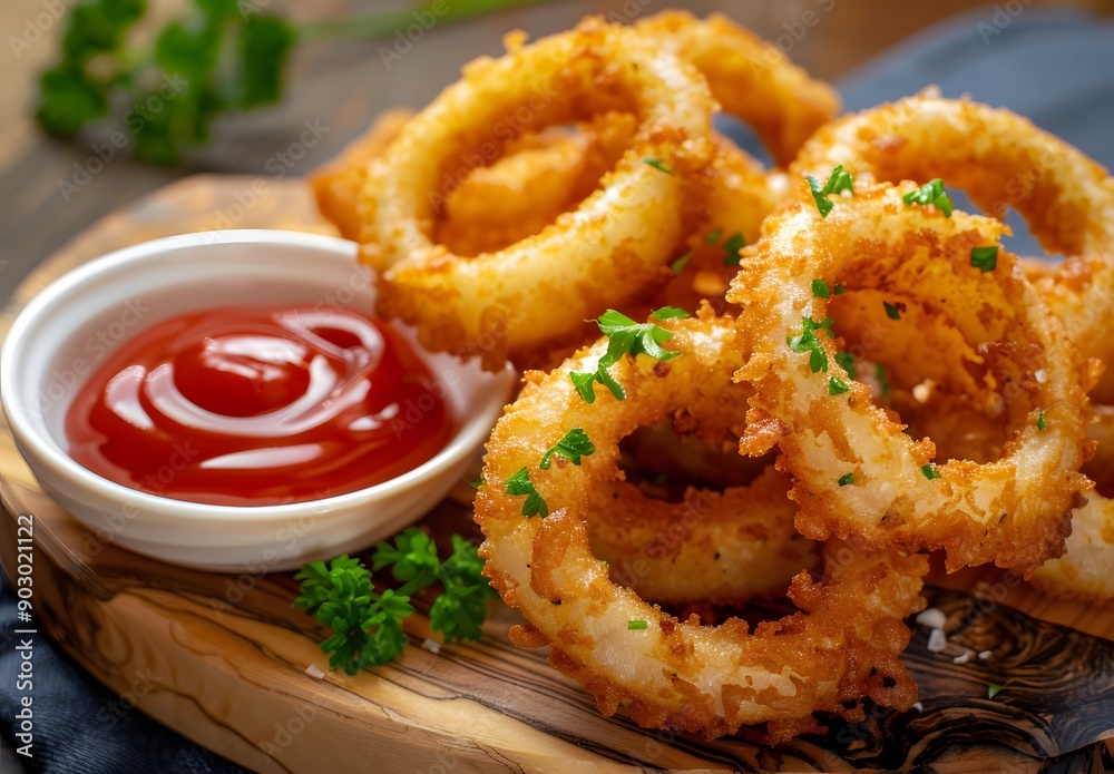 Close up of delicious deep fried onion rings with ketchup on wooden board, high resolution, real photo Close up of delicious deep fried onion rings with ketchup on wooden board, high resolution, real photo