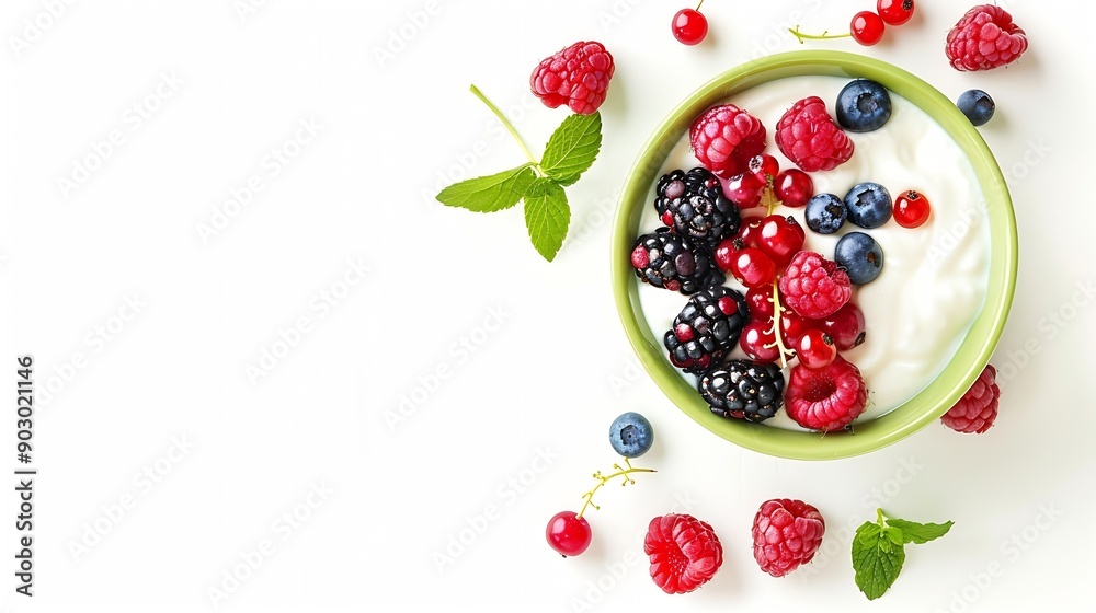 Green bowl of greek yogurt and fresh berries isolated on white background top view : Generative AI Green bowl of greek yogurt and fresh berries isolated on white background top view : Generative AI