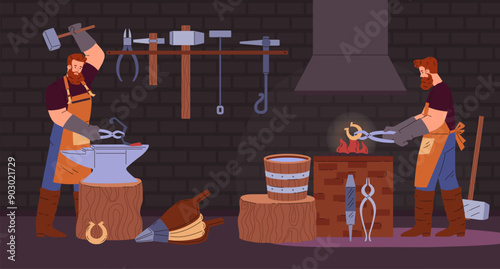 Forging scene with blacksmiths working with iron, in cartoon style.