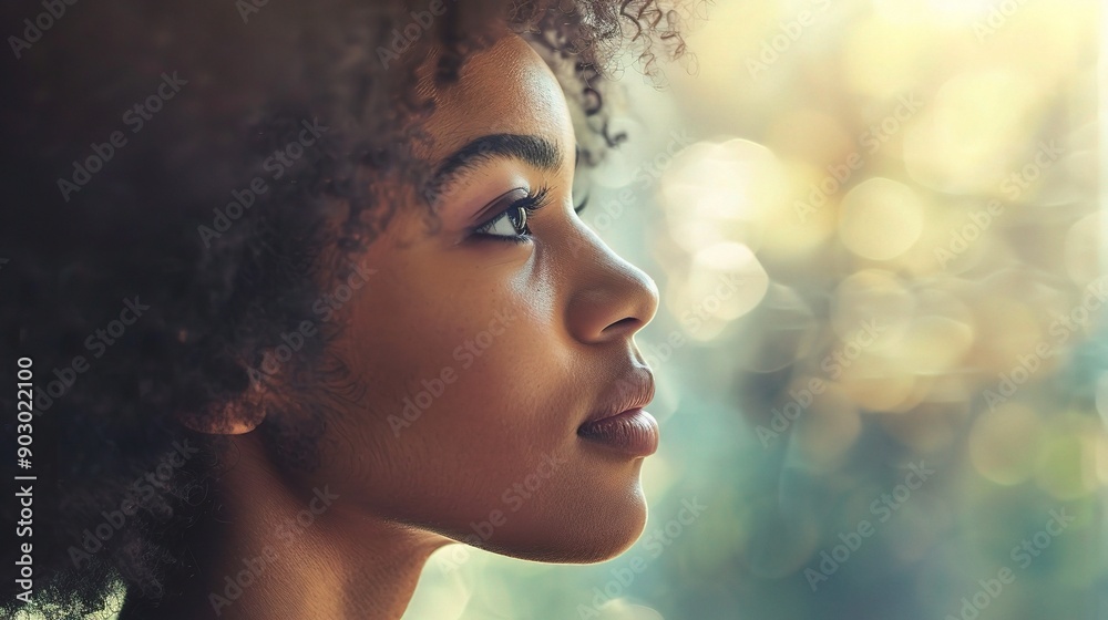 Thoughtful Gaze: A young woman with afro hair gazes out a window with a contemplative expression, bathed in warm, natural light, reflecting on a moment of introspection and possibility. Thoughtful Gaze: A young woman with afro hair gazes out a window with a contemplative expression, bathed in warm, natural light, reflecting on a moment of introspection and possibility.