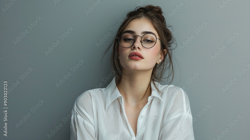 A young woman wearing glasses and a white shirt poses against a grey background exuding a sense of calm and confidence : Generative AI A young woman wearing glasses and a white shirt poses against a grey background exuding a sense of calm and confidence : Generative AI