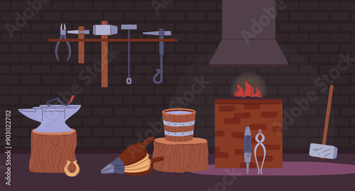 The vector illustration shows blacksmithing tools, including an anvil, bellows the background of the forge