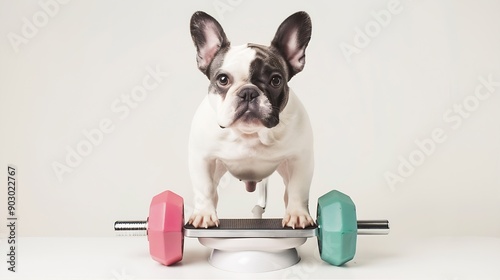 french bulldog  dog with guilty conscience  for overweight and to loose weight  standing on a scale isolated on white background with dumbbells : Generative AI