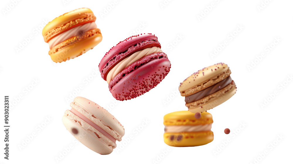 Colorful Macarons on White Background Isolated in Mid-Air with Delicate Textures Colorful Macarons on White Background Isolated in Mid-Air with Delicate Textures