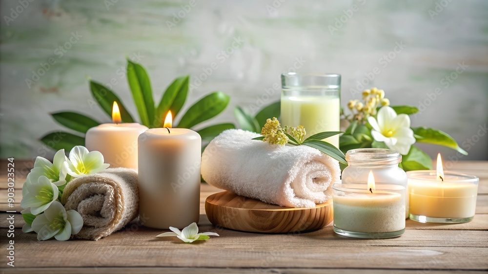 Spa and relaxation concept with candles, flowers, hot stones and towels. Rest aromatherapy massage Spa and relaxation concept with candles, flowers, hot stones and towels. Rest aromatherapy massage